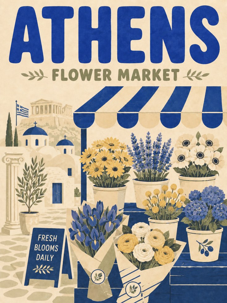 Athens Travel Poster: Floral Market Scene - artwork on paper