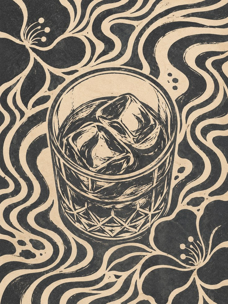 Whiskey Glass Art Print: Art Nouveau Black and Cream Design - artwork on paper