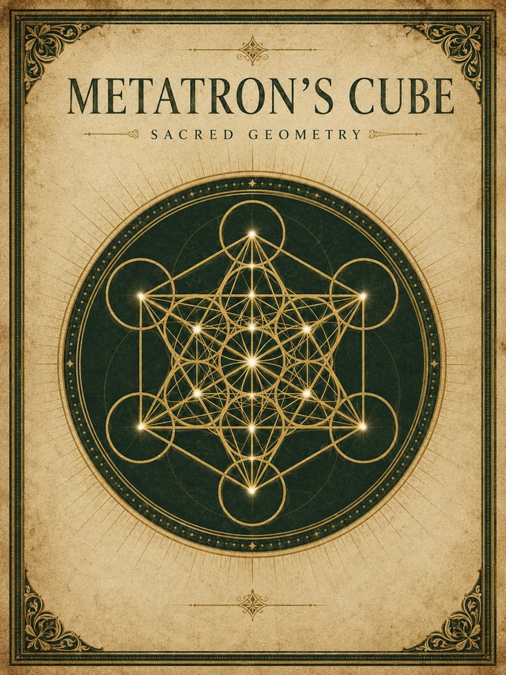 Sacred Geometry Print: Metatron's Cube (Gold Linework on Green) - artwork on paper