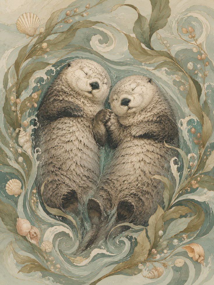 Sea Otters Holding Hands Art Print: Art Nouveau Ocean Wildlife - artwork on paper