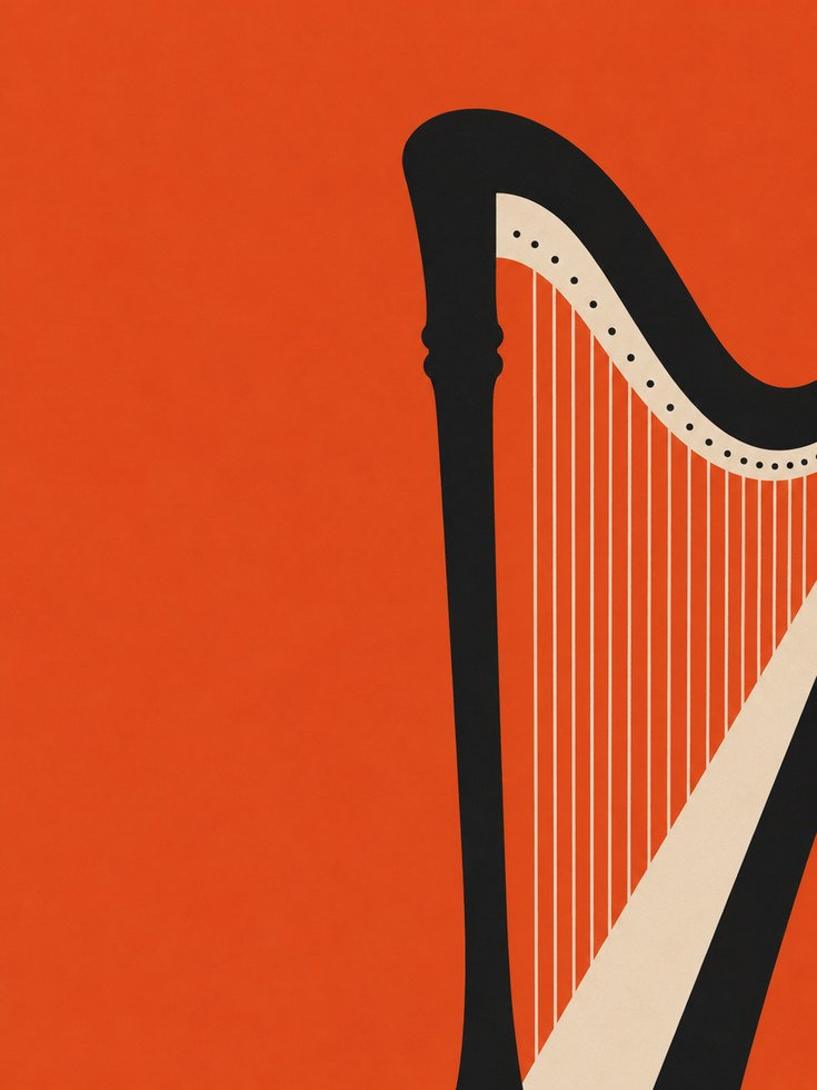 Harp Art Print: Minimalist Music Poster in Orange and Black - artwork on paper