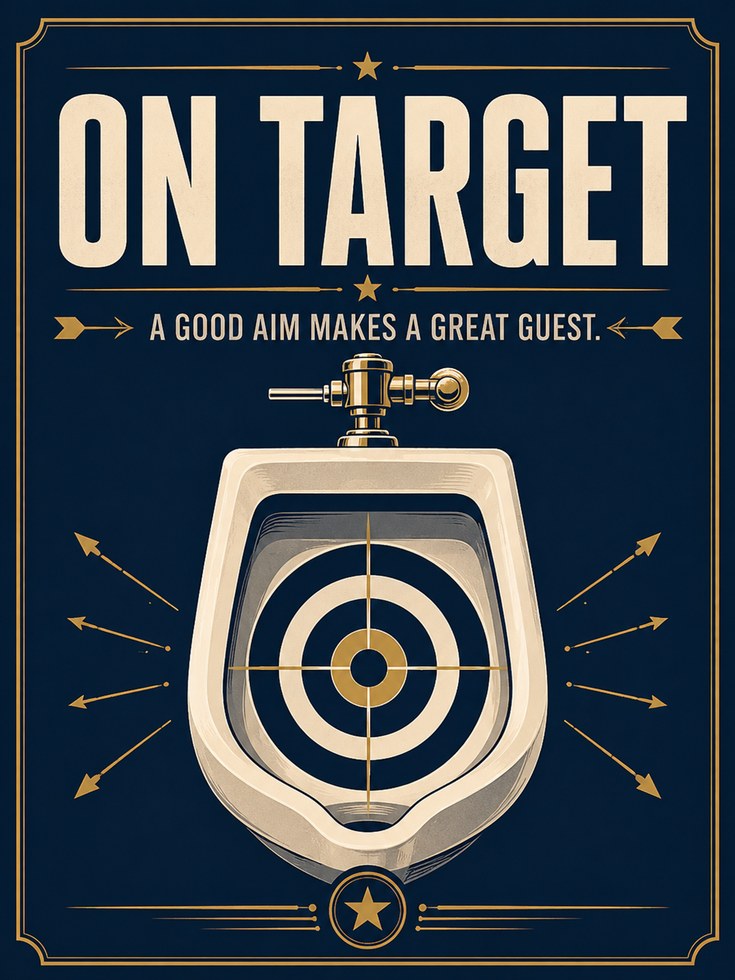 On Target Bathroom Humor Poster: Art Deco Navy and Gold Print - artwork on paper