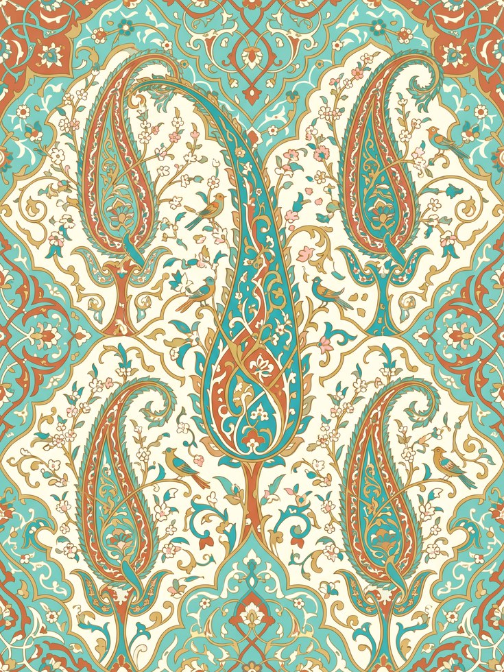 Persian Paisley Art Print: Turquoise & Coral Boho Botanical - artwork on paper