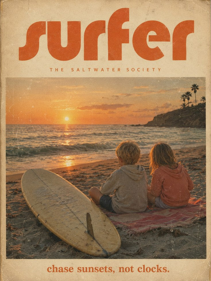 Vintage Surfer Sunset Print – Retro Beach Coastal Wall Art - artwork on paper
