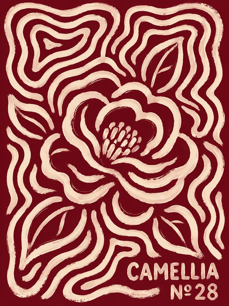Vintage Floral Poster – Retro Camellia Print - artwork on paper
