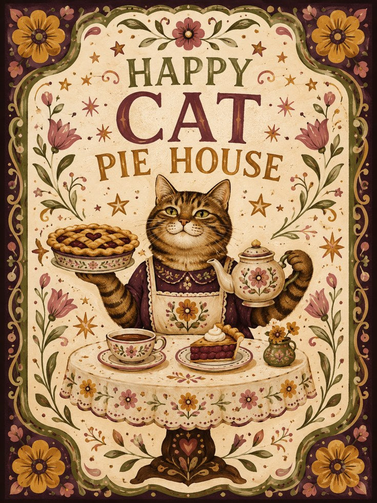 Folk Art Cat Print – Whimsical Tabby Pie House - artwork on paper
