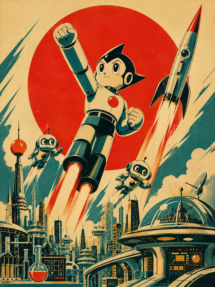 Retro Robot Poster – Vintage Sci-Fi Wall Art - artwork on paper