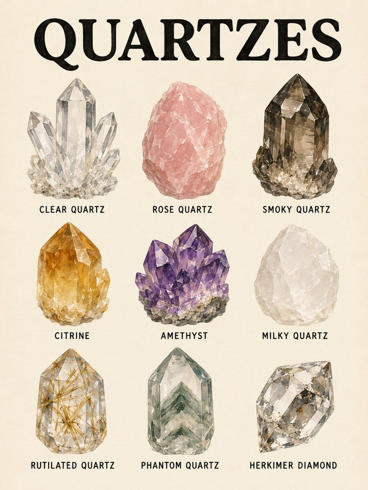Quartz Crystal Chart Print — Educational Gemstone Illustration - artwork on paper