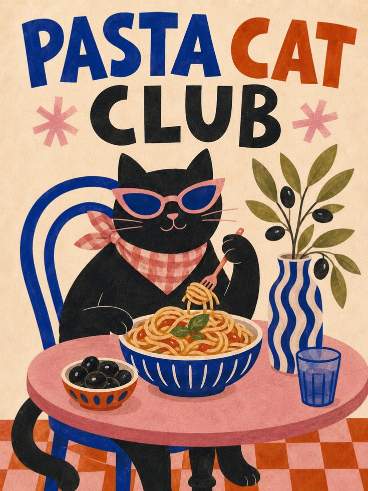 Retro Cat Pasta Poster - artwork on paper