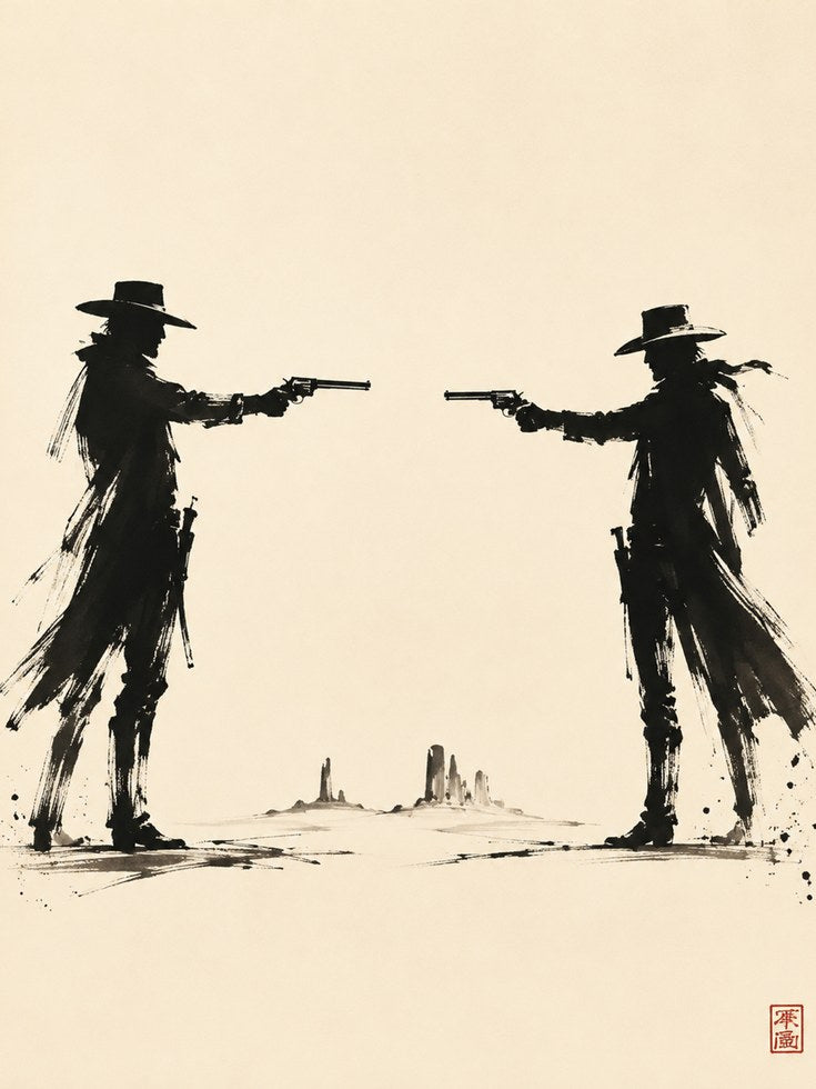 Western Duel Wall Art – Cowboy Silhouette Print - artwork on paper