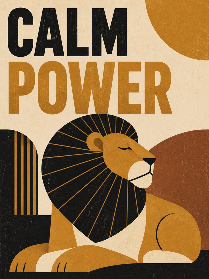 Calm Power Lion Print: Art Deco Geometric Mustard and Black - artwork on paper