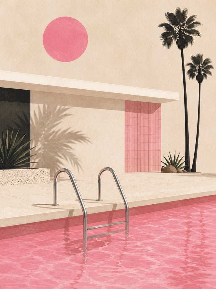 Pink Pool Wall Art – Palm Tree Print - artwork on paper