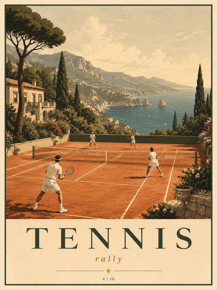 Mediterranean Clay Court Tennis Poster - artwork on paper
