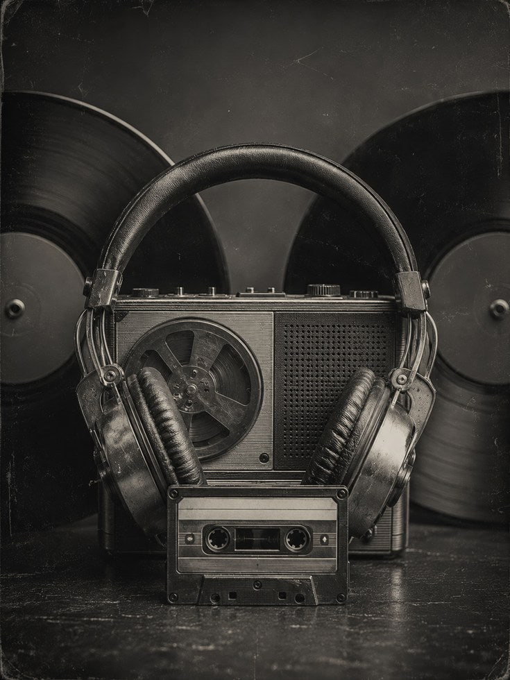 Vintage Audio Equipment Print — Retro Headphones Cassette Radio - artwork on paper