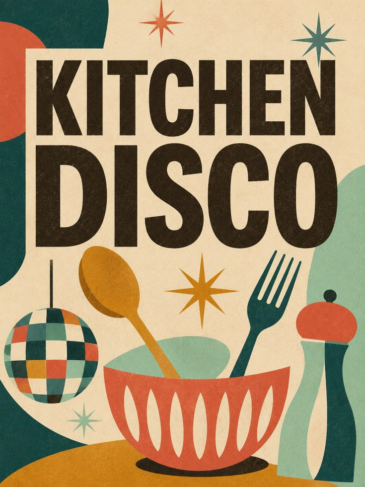 Kitchen Disco Retro Wall Art: Mid-Century Modern Typography Print - artwork on paper