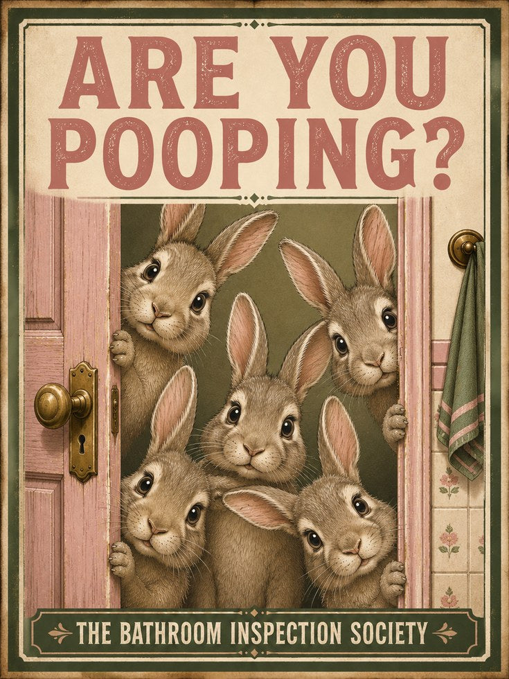 Bathroom Wall Art: Whimsical Bunny Humor (Vintage Style Print) - artwork on paper