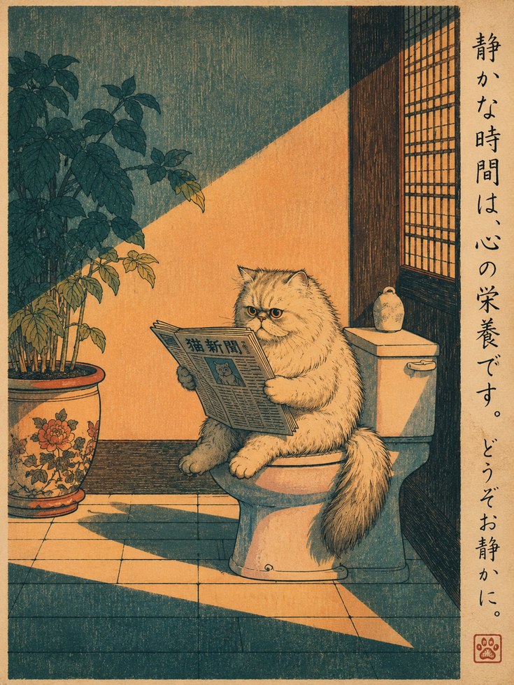 Japanese Cat Reading Newspaper Print: Ukiyo-e Style Humor Art - artwork on paper