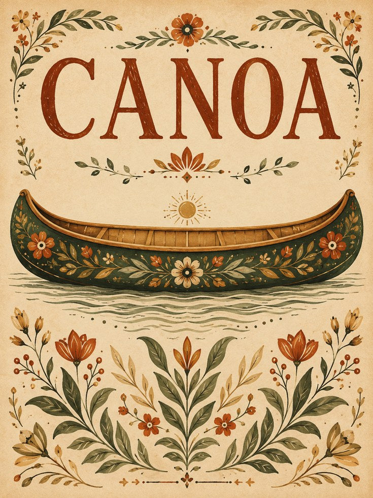 Folk Art Canoe Print: Vintage Floral Botanical Design - artwork on paper