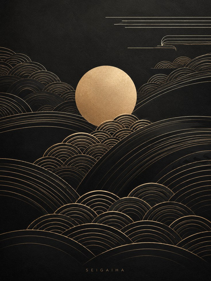 Moon Art Print: Japanese Seigaiha Wave Design (Gold on Black) - artwork on paper