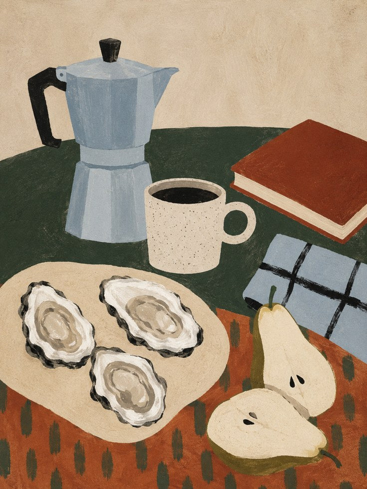Coffee and Oysters Still Life: Modernist Kitchen Art Print - artwork on paper