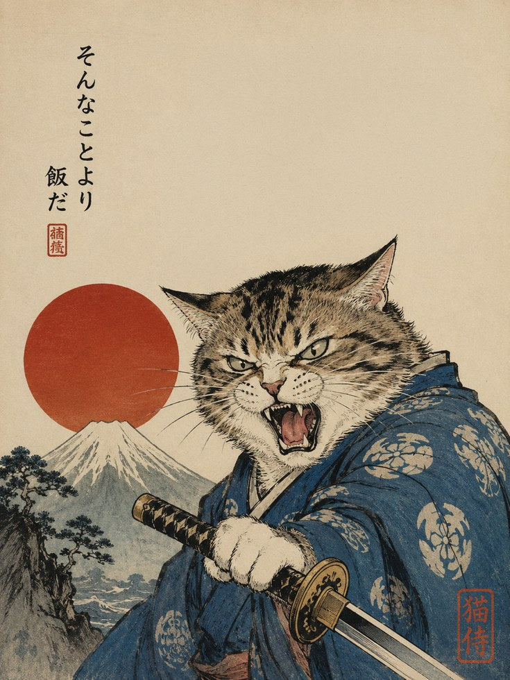 Japanese Cat Wall Art – Samurai Cat Print - artwork on paper