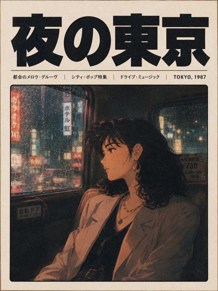 Tokyo Night Anime Print – 1980s City Pop Vaporwave Wall Art - artwork on paper