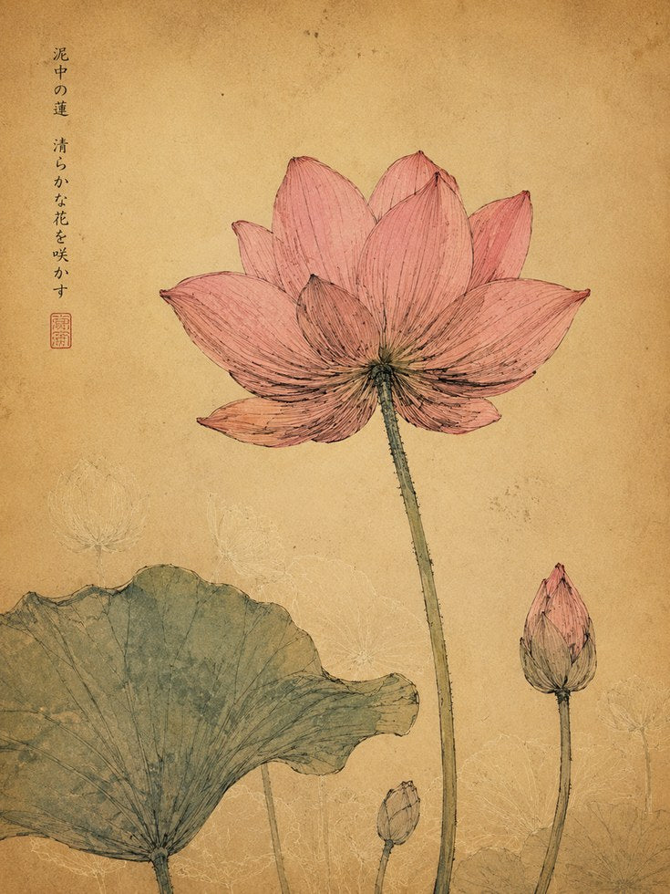Lotus Flower Botanical Print — Vintage Asian Watercolor - artwork on paper
