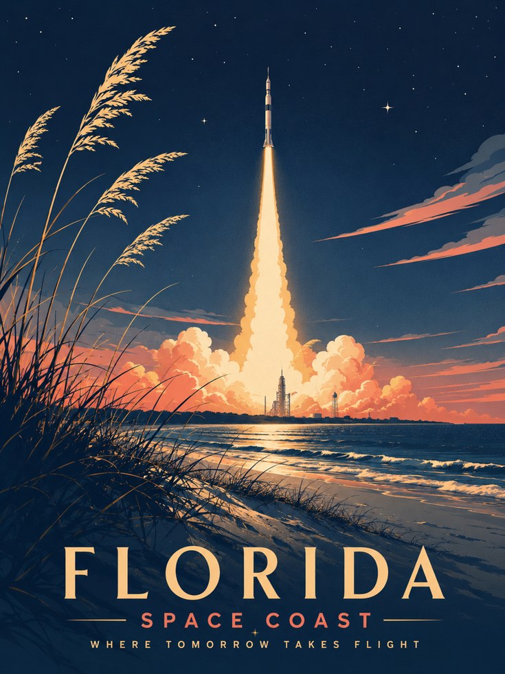 Florida Travel Poster – Space Coast Rocket Print - artwork on paper