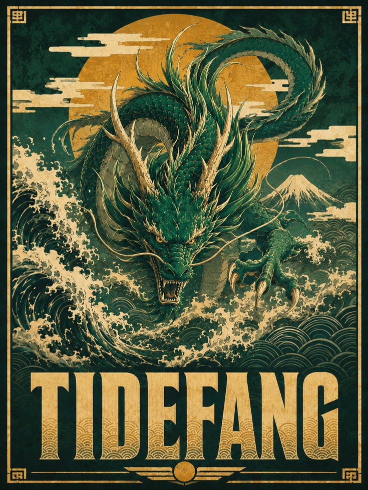 Japanese Dragon Art Print: Green and Gold Vintage Poster Design - artwork on paper