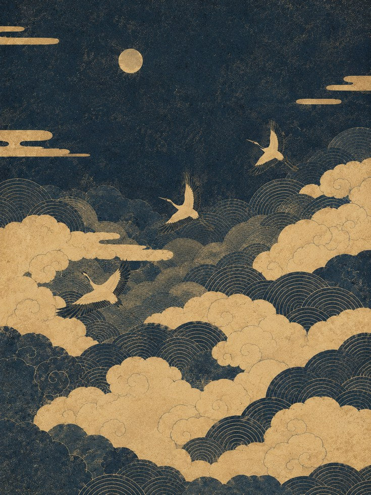 Crane Art Print: Japanese Inspired Wall Decor (Gold & Navy) - artwork on paper