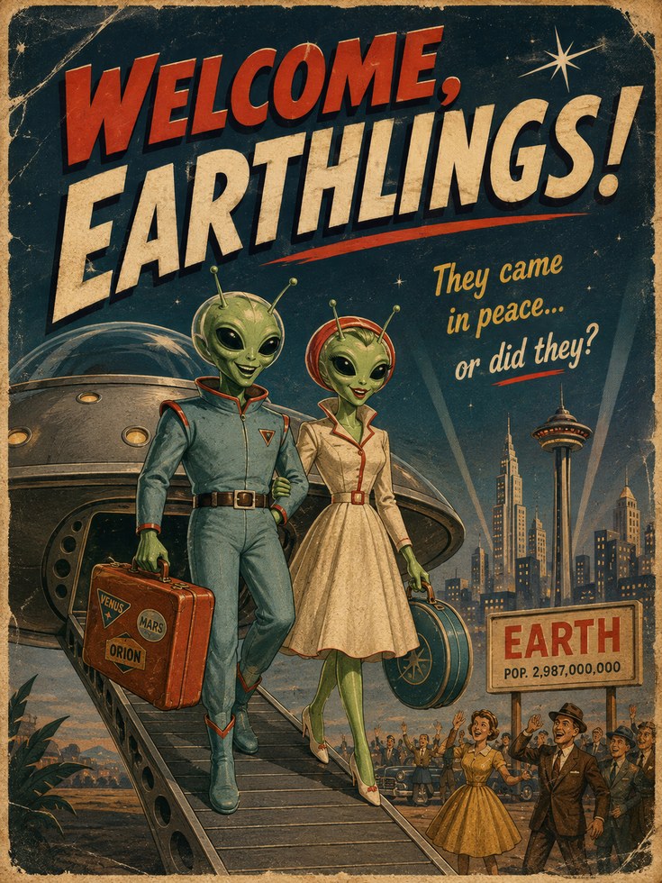 Retro Alien Poster – Vintage Sci Fi Wall Art - artwork on paper