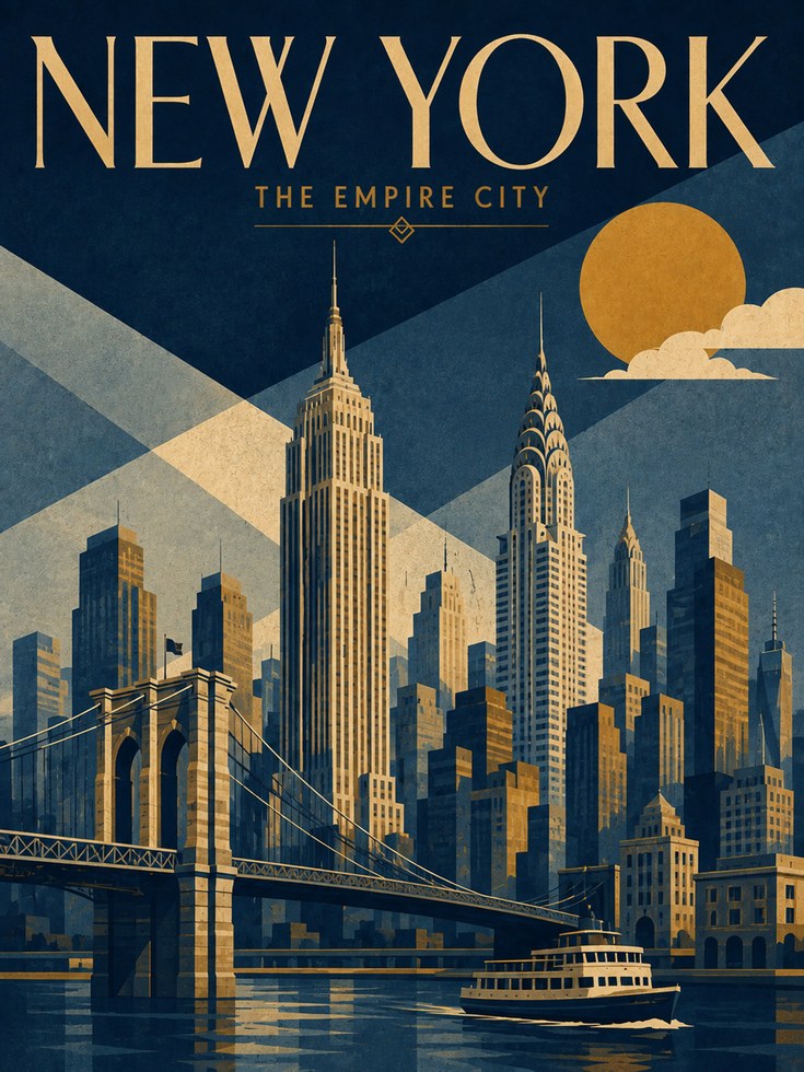 New York Travel Poster – Art Deco City Print - artwork on paper