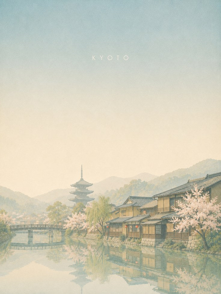 Kyoto Temple Landscape Print: Soft Pastel Japanese Cityscape Art - artwork on paper