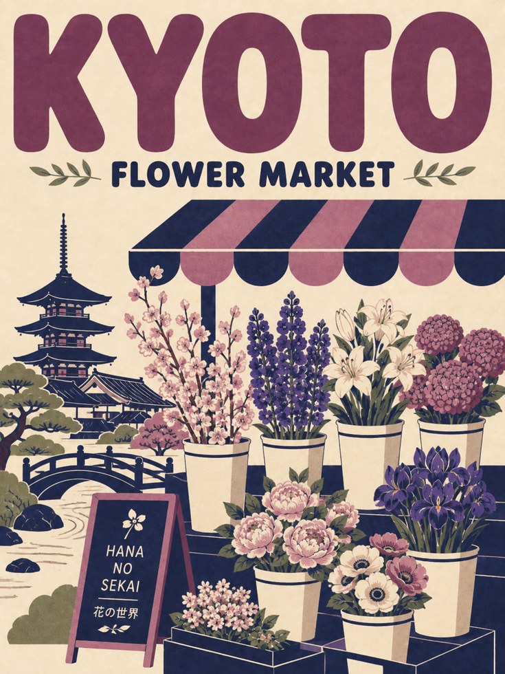 Kyoto Flower Market Print: Vintage Japanese Travel Poster Art - artwork on paper