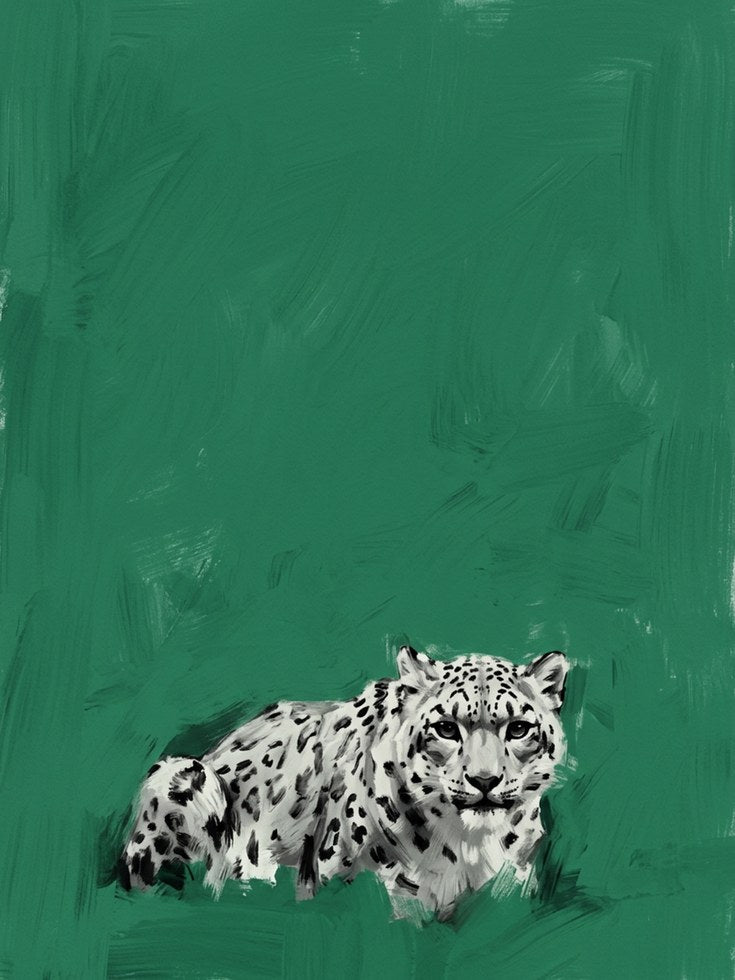 Snow Leopard Art Print: Minimalist Green Wildlife Painting - artwork on paper