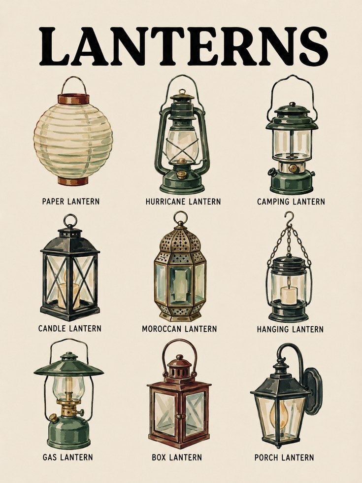 Vintage Lantern Guide Print — Educational Chart Illustration - artwork on paper