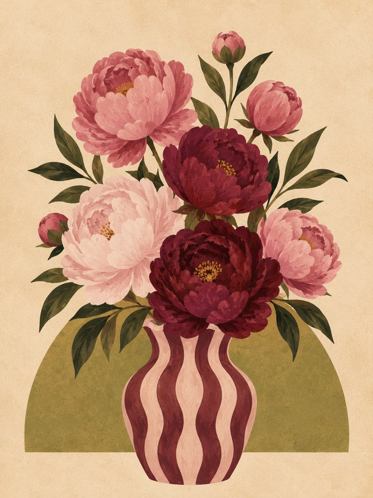 Peony Vase Wall Art – Vintage Floral Print - artwork on paper
