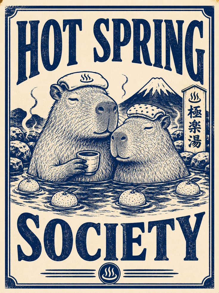 Vintage Capybara Onsen Print - artwork on paper