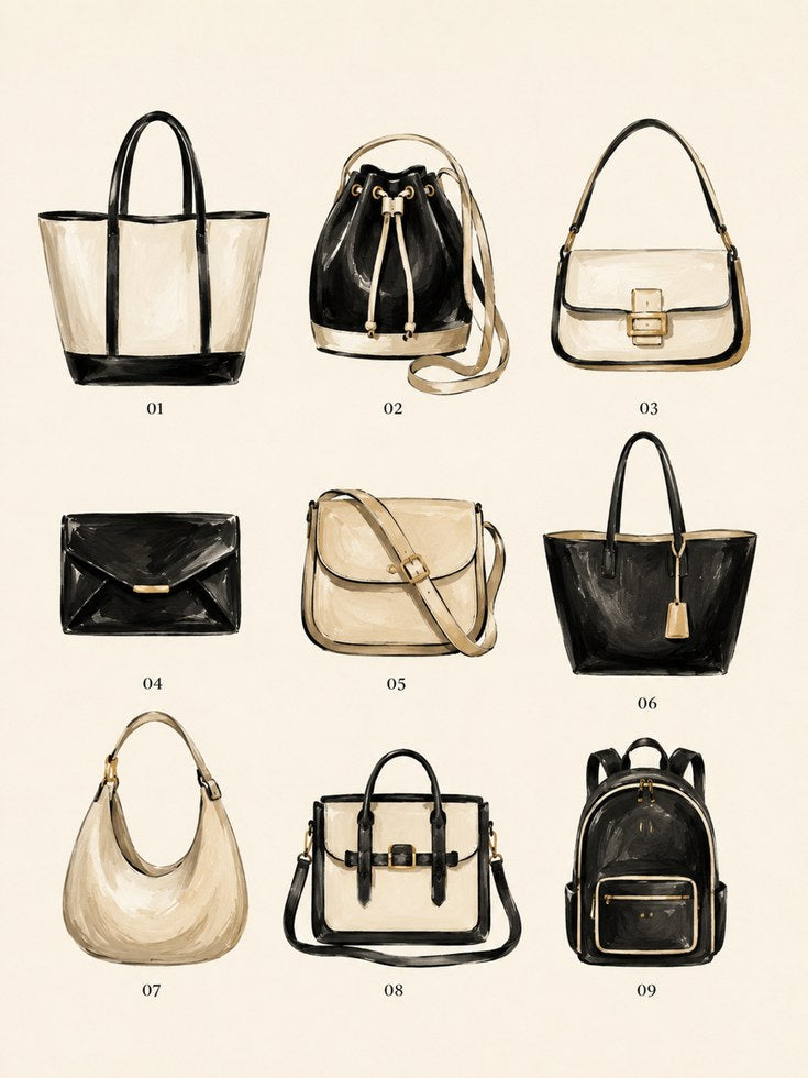 Fashion Handbag Collection Art Print: Black and Cream Accessories - artwork on paper