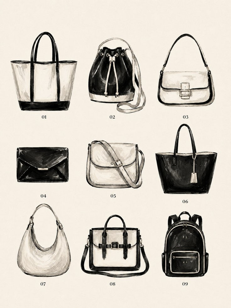 Fashion Handbag Collection Art Print: Black and White Study - artwork on paper