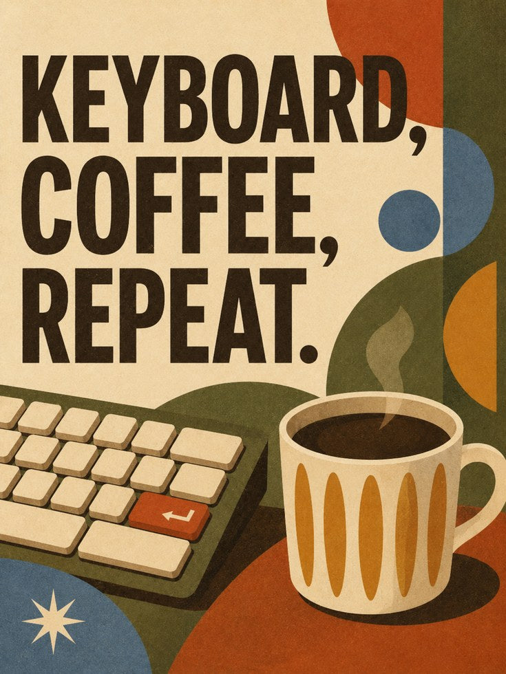 Keyboard Coffee Repeat Poster: Retro Mid-Century Office Art - artwork on paper