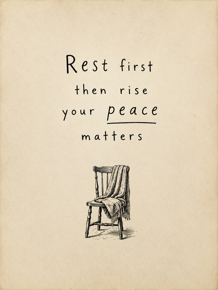 Rest First Then Rise Art Print: Mindfulness Quote with Vintage Chair - artwork on paper