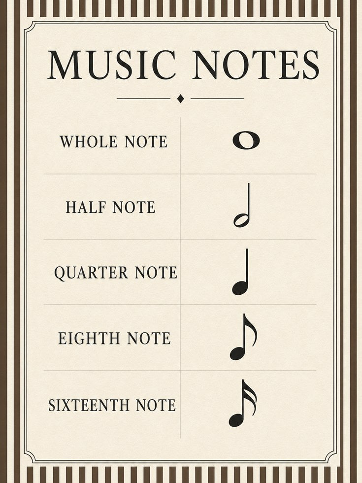 Music Notes Educational Chart: Vintage Beige Typography Poster - artwork on paper