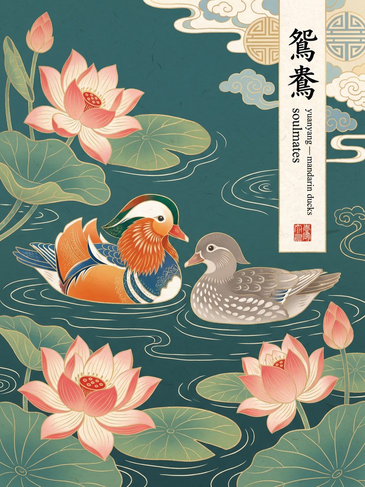 Mandarin Duck Print: Asian Nature Art (Lotus Flowers - artwork on paper