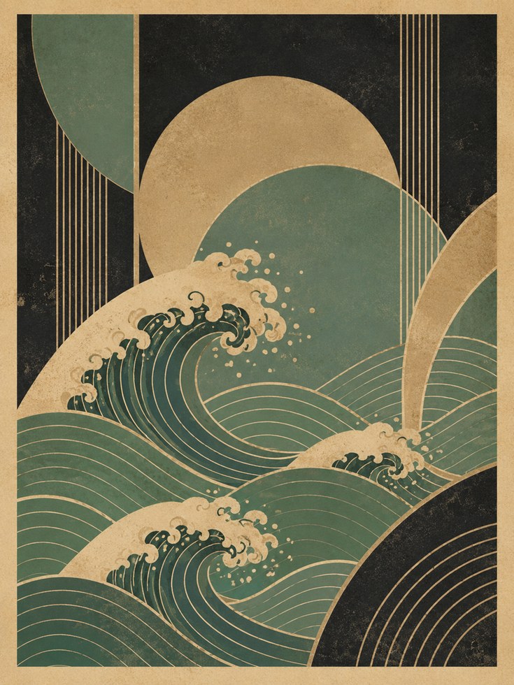 Vintage Japanese Wave Wall Art - artwork on paper