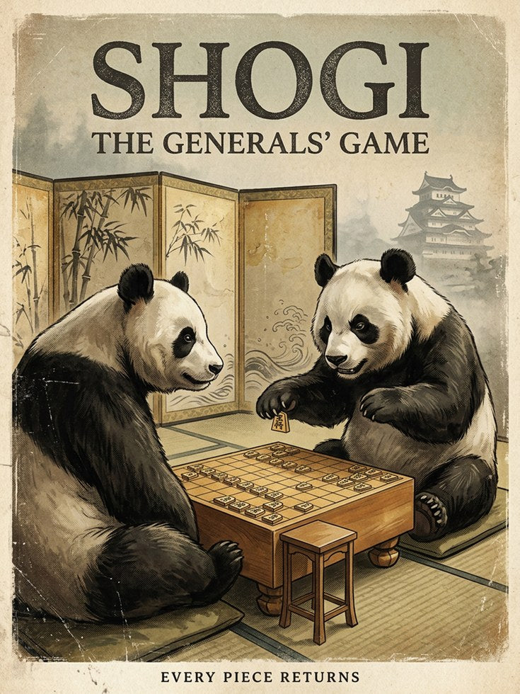 Shogi Game Vintage Poster — Japanese Pandas Playing Strategy Board - artwork on paper