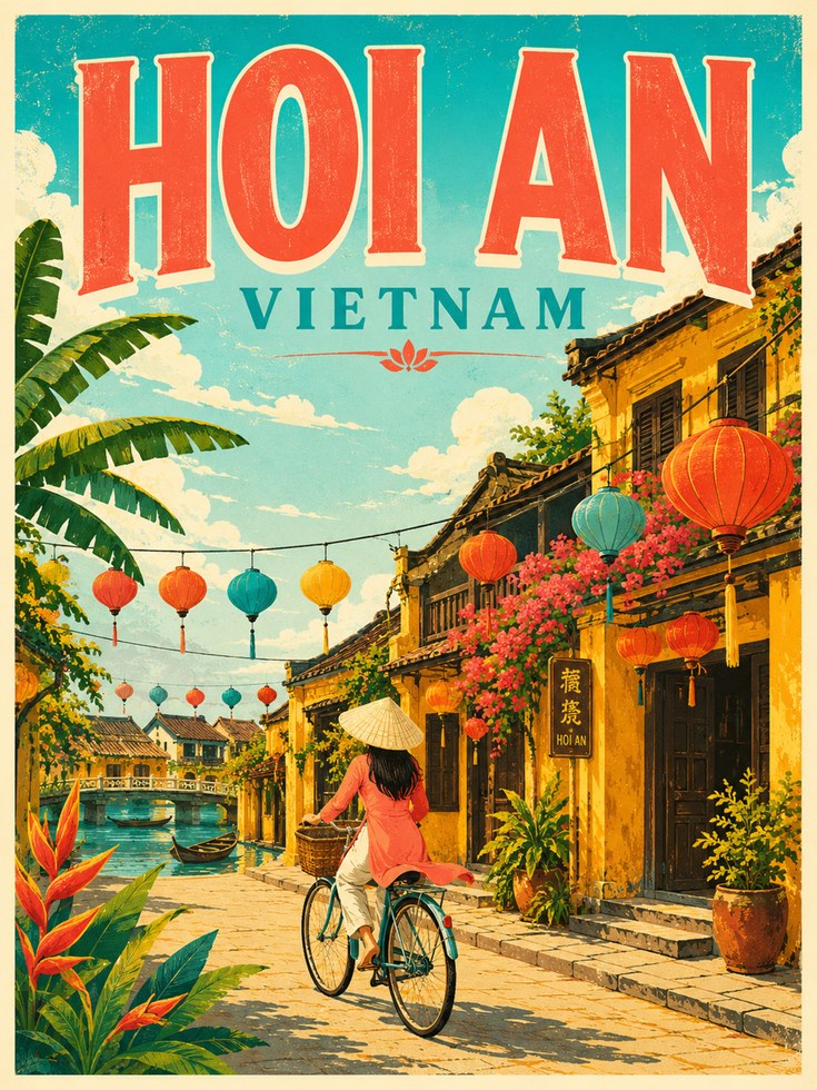 Hoi An Vietnam Travel Poster: Vintage Tropical Street Art Print - artwork on paper