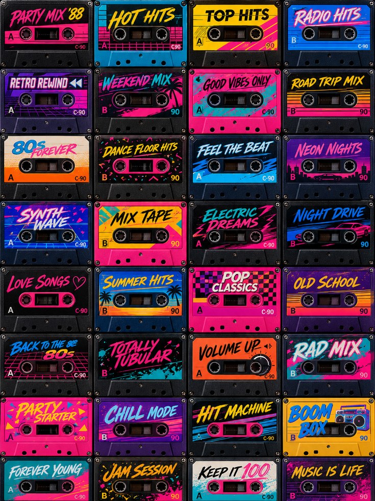 Retro Cassette Tape Wall Art: 1980s Neon Music Collection - artwork on paper