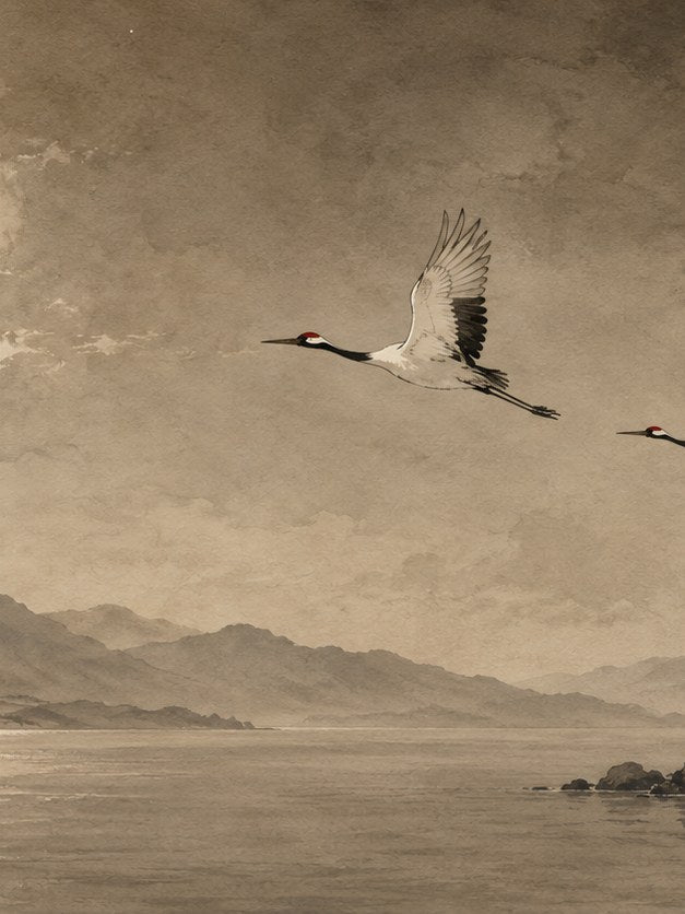 Flying Cranes Art Print: Japanese Style Sepia Landscape - artwork on paper