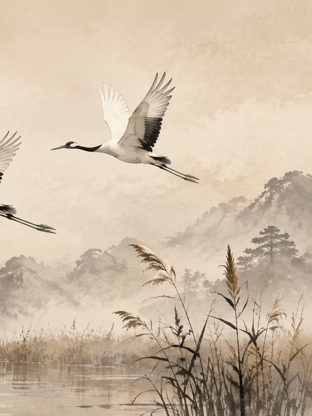 Japanese Crane Flight Art Print: Misty Landscape Watercolor - artwork on paper